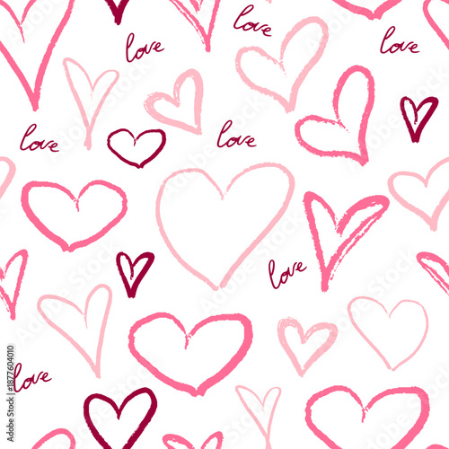 Crayon drawn hearts seamless pattern. Cute pencil or charcoal drawings different love hearts. Chalk drawn sketch for Valentines Day celebration, branding, cover, label, poster. Vector romantic element
