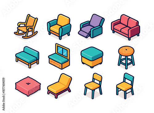 Colorful Seating Icons. Interior seating. Colorful isometric vector icons set of interior seating: rocking chair, armchair, recliner, loveseat, bench seat,