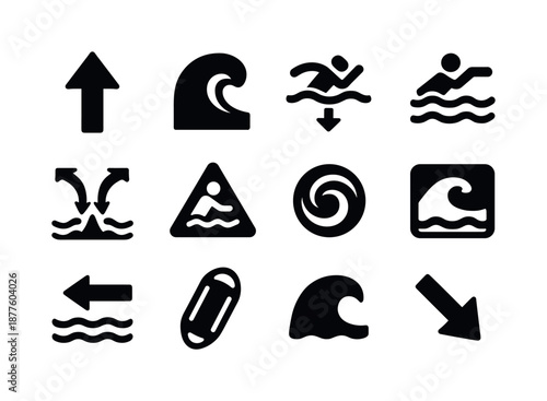 Riptide Icon Set. Riptides. Solid icon set of riptides: strong current arrow, breaking wave, undertow symbol, swimmer warning icon, ocean pull vector, rip