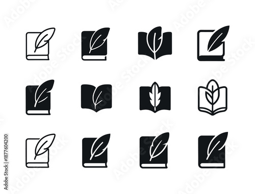 Journal Logo Variations. Journal. Icon set. Set Logo of journal: feather quill. harmonious logo variations of the same emblematic concept, each with different