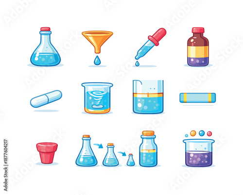Solution Preparation Icons. Solution Preparation. Colorful flat vector icons set of Solution Preparation: volumetric flask, funnel, pipette drop, reagent