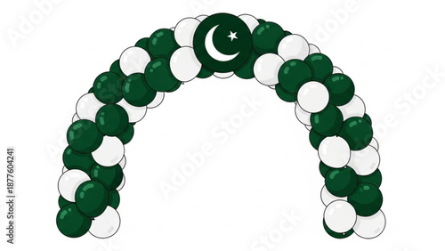 Green and White Balloons Arch with Pakistani Flag Symbol, Celebration Decoration, Isolated on White Background