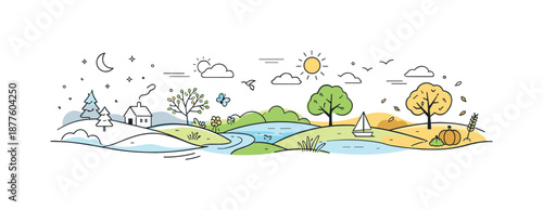 Seamless Seasonal Transition. Slow seasonal change concept. A minimal landscape where colors and elements gently shift from one season to another without clear