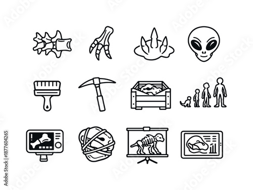 Alien Paleontology Icons. Alien paleontology. Line icon set of Alien paleontology: alien vertebra, fossilized limb, claw imprint, alien skull, sediment brush,