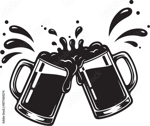 Two beer mugs clinking together with foam splash