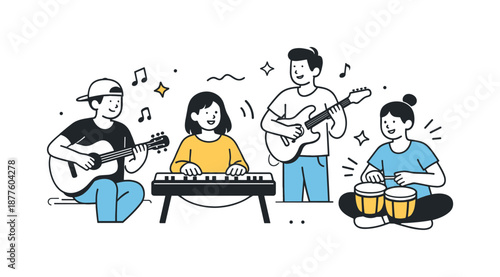 Joyful Jamming Session. Friends playing musical instruments jam. Friends improvising with guitars, keyboard, and light percussion. Spontaneous music-making and
