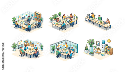 Isometric Co-Working Icons. Co-working space. Isometric flat vector icons set of Co-working space: open shared office layout, communal work desks, freelancers