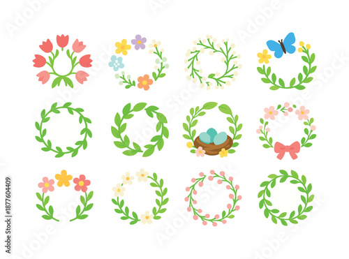 Spring Wreath Icons. Spring Wreaths. Colorful flat vector icons set of Spring Wreaths: tulip ring, pastel blooms, baby?s breath sprigs, butterfly accent, green