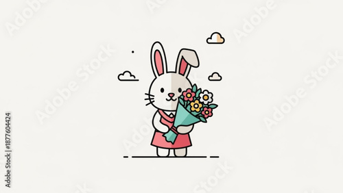Cartoon White Rabbit Holding Bouquet of Flowers in Green Paper, Wearing Red Dress, Isolated on White Background
