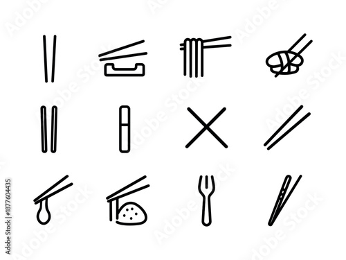 Chopsticks Icon Set. Chopsticks & Utensils. Line icon set of Chopsticks & Utensils: chopsticks, resting stick, noodle grip, sushi sticks, reusable sticks,