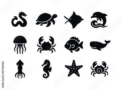 Oceanic Myth Icons. Atlantean myth. Solid icon set of oceanic creatures: sea serpent, giant turtle, manta ray, dolphin crest, jellyfish bloom, mythic crab,