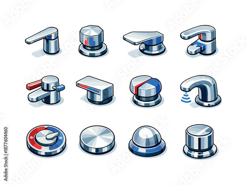 Colorful Faucet Icons. Modern Faucet Designs. Colorful isometric vector icons set of Modern Faucet Designs: slim lever, geometric knob, flat plate handle,