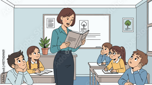 Cartoon illustration of a teacher reading to her students in a classroom setting with desks and a whiteboard