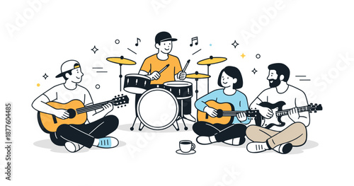 Casual Music Jam. Music jam session. Musicians sitting together with guitars and drums, casually playing and listening to each other. Creative flow and relaxed