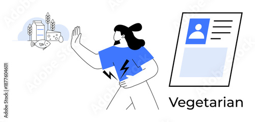 Vegetarian lifestyle concept. Vegetarian individual rejecting dairy products and embracing identity preferences. Vegetarian choice communicated visually. For diet, wellness, food habits, health
