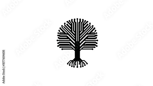 A digital tree made from circuit board lines, dark silhouette on white background