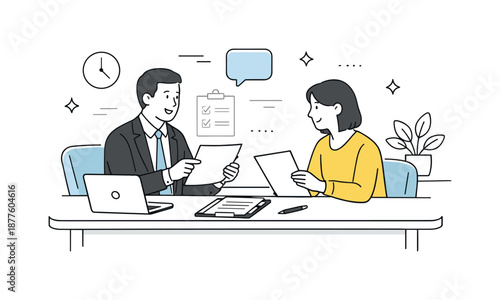 Professional Meeting Scene. Manager and employee meeting. Manager and employee sitting across a desk reviewing documents together, calm professional