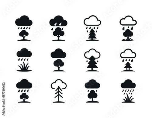 Rainforest Icon Set. Rain showers in forests and wetland areas. Icon set. Set Logo of rain showers in forests and wetland areas: tree silhouette