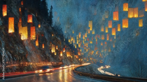 Floating Lanterns on the Road: A scenic highway winds through a misty mountain landscape. Countless lanterns are set aloft, casting a warm glow, creating a magical atmosphere.
