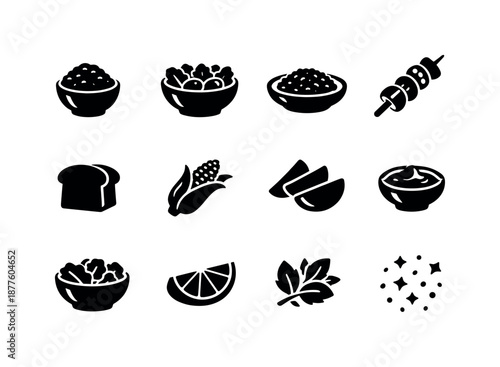 Shrimp Meal Icons. Shrimp skewer meal sides. Solid icon set of shrimp skewer meal sides: rice bowl, salad bowl, couscous dish, grilled veggies, bread slice,