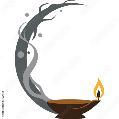 Moon and Diya Lamp Illustration: Symbolizing Peace, Spirituality, and Cultural Festivities