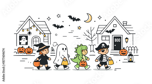 Halloween Neighborhood Adventure. Kids trick-or-treating neighborhood. Kids moving along a street with decorated houses and pumpkins. Cozy seasonal setting and