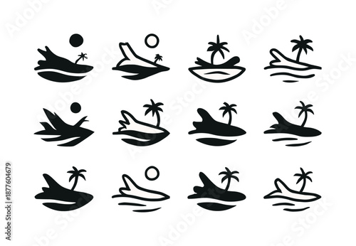 Pristine Beach Icons. Pristine beach. Icon set. Set Logo of pristine beach: driftwood silhouette. harmonious logo variations of the same emblematic concept,