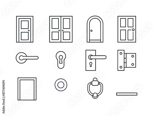 Wooden Door Icons. wooden door. Line icon set of wooden door: single wooden door, double wooden door, arched door, panel door, door handle, keyhole, door lock,