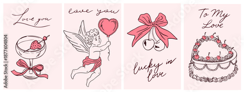 Hand drawn whimsical Valentine's day cards. Vintage frames with cupid, cake, cocktails, cherry and bow for greeting cards, wedding and birthday party, invitations. Vector elegant coquette line art