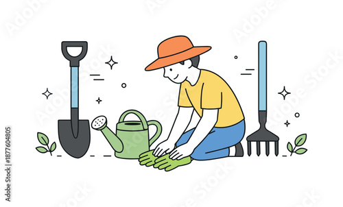 Essential Gardening Tools. Gardening tools set. A person calmly arranging shovel, rake, watering can and gloves before starting work, feeling of readiness and