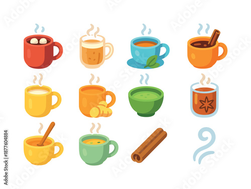 Warm Drink Icons. Warm Drinks. Colorful flat vector icons set of Warm Drinks: hot cocoa mug, chai latte, herbal tea cup, mulled cider, steamed milk, ginger