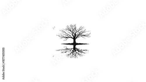 A silhouette of a leafless tree reflected in water with a few birds flying above
