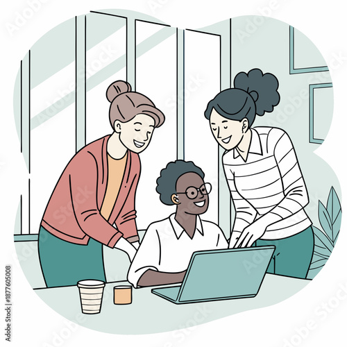 Three diverse women collaborate joyfully on a laptop in a modern office setting, discussing work. A vibrant illustration depicts three diverse professional women engaged in a collaborative discussion 