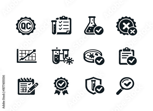 Quality Control Icons. Quality control. Solid icon set of Quality control: QC stamp, test checklist, approved flask, rejected mark, accuracy graph, control