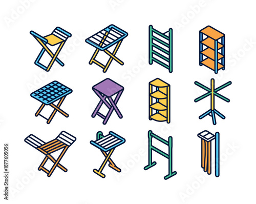 Colorful Foldable Rack Icons. Foldable racks. Colorful isometric vector icons set of foldable racks: X-frame rack, drying ladder, vertical rack, tiered stand,