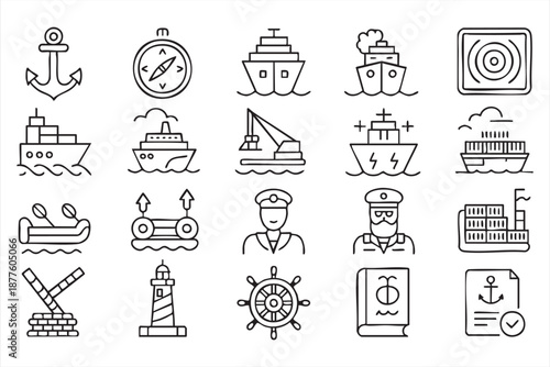 Shipping UI icons for maritime logistics, cargo handling and port control