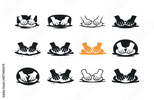 Baker's Hands Logo Variations. A baker kneading dough by hand on a flour-covered surface. Icon set. Set Logo of a baker kneading dough by hand on a