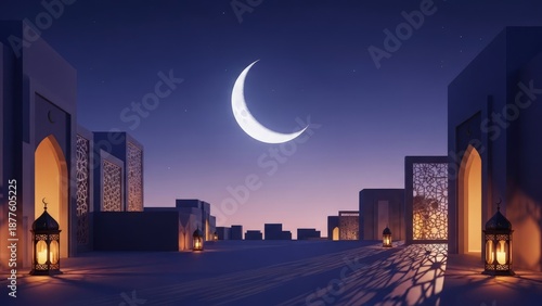 Ramadan crescent moon over a cityscape with traditional Islamic architecture and glowing lanterns casting intricate shadows on the ground at twilight