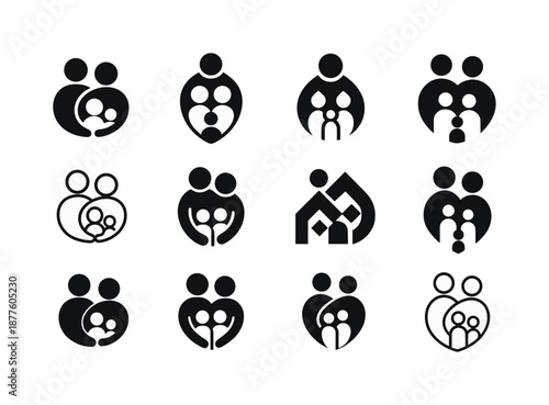 Family Support Icons. Family support systems in times of crisis. Icon set. Set Logo of family support systems in times of crisis: intertwined family figures.
