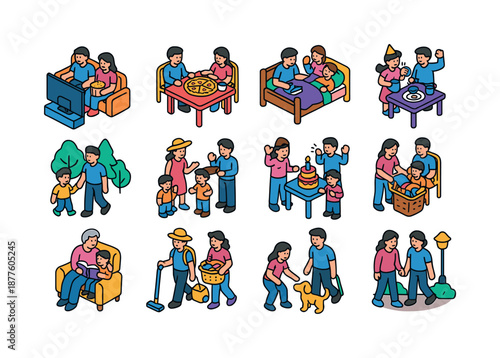Family Time Icons. Family time. Colorful isometric vector icons set of family time: movie night, pizza dinner, bedtime routine, morning breakfast, Sunday