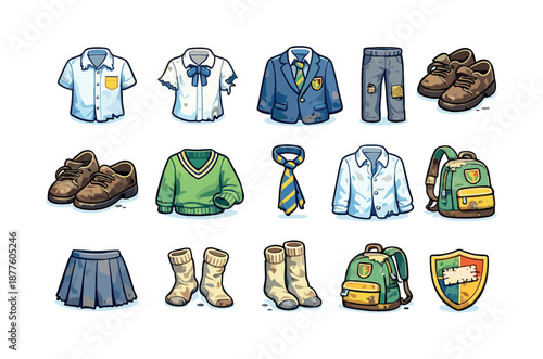 Colorful Worn Uniform Icons. Worn-out school uniforms. Colorful flat vector icons set of worn-out school uniforms: frayed collar shirt, torn sleeve blouse,