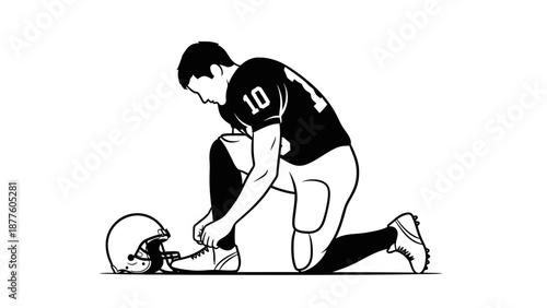 American Football Player Kneeling with Helmet.