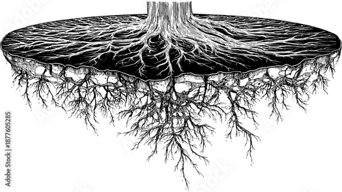 A detailed black and white illustration shows the roots of a tree emerging from a darkened circular ground