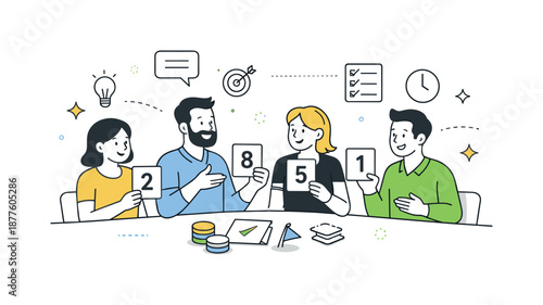 Team Story Points Discussion. Task estimation session. Team members discussing story points with simple number cards and icons. Collaborative planning,