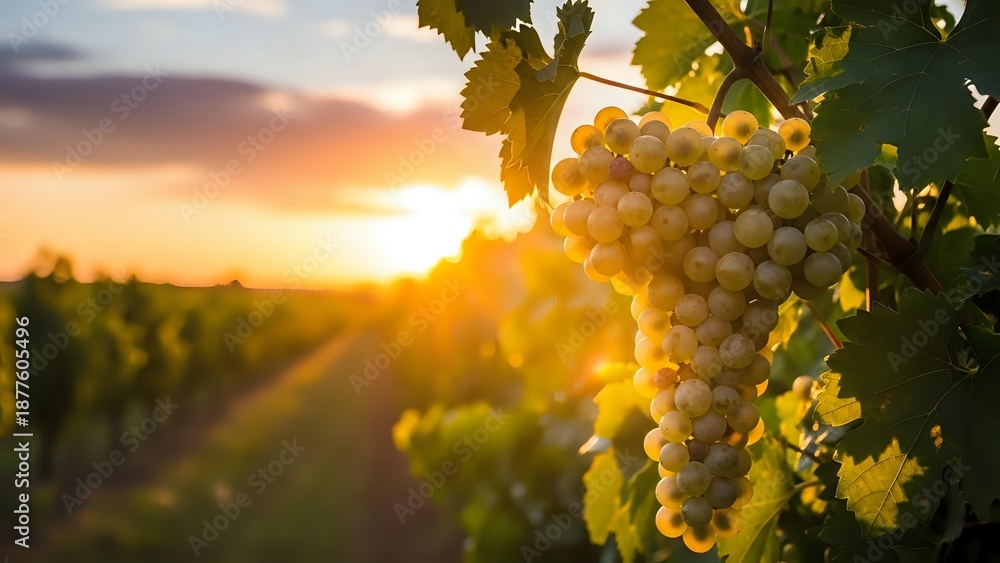 Naklejka premium White grapes hanging on vine in vineyard at golden sunset with warm sunlight creating lens flare through leaves in agricultural landscape for winemaking industry.