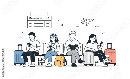 Calm Airport Lounge Scene. Airport travelers waiting. Passengers sitting in a departure lounge with luggage and phones, relaxed and patient posture. Quiet