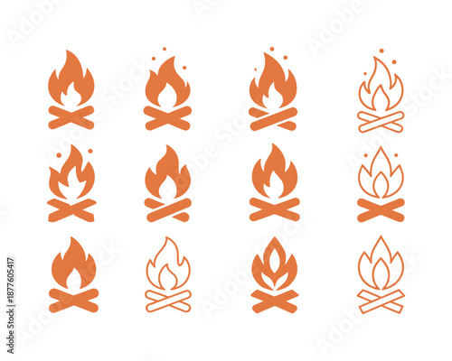 Bonfire Icon Set. Bonfires and outdoor gatherings. Icon set. Set Logo of bonfires and outdoor gatherings: bonfire sparks symbol. harmonious logo variations of