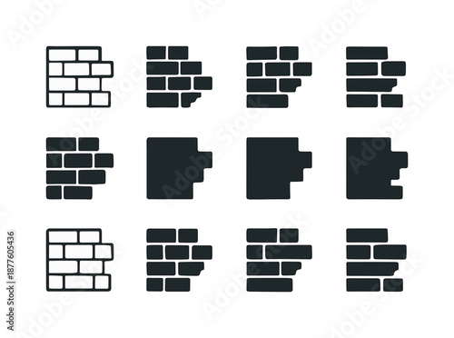 Fading Brick Icons. Fading Brick Wall. Icon set. Set Logo of Fading Brick Wall: Wall with exposed mortar: Symmetrical form, Minimal outline, Flat solid, Filled