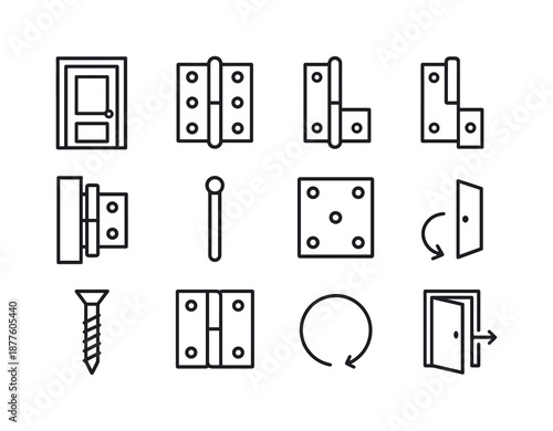 Wooden Door Icon Set. wooden door. Line icon set of wooden door: door hinge detail, top hinge, bottom hinge, side hinge, hinge pin, hinge plate, pivot point,