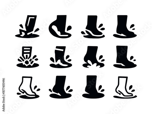 Splashing Puddle Icons. Splashing in puddles. Icon set. Set Logo of splashing in puddles: boot splash motion. harmonious logo variations of the same emblematic